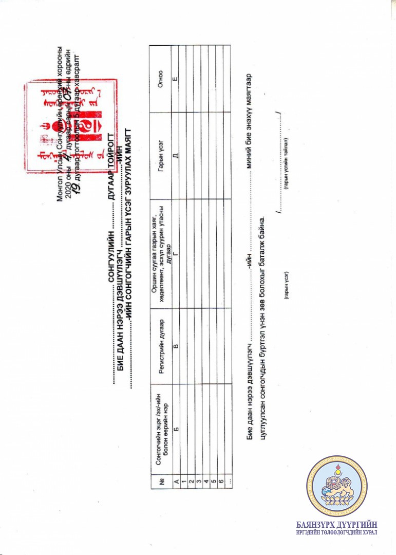 ОРОН НУТГИЙН ХУРЛЫН СОНГУУЛЬД БИЕ ДААН НЭР ДЭВШИГЧИЙН БҮРДҮҮЛЭХ БАРИМТ БИЧИГ