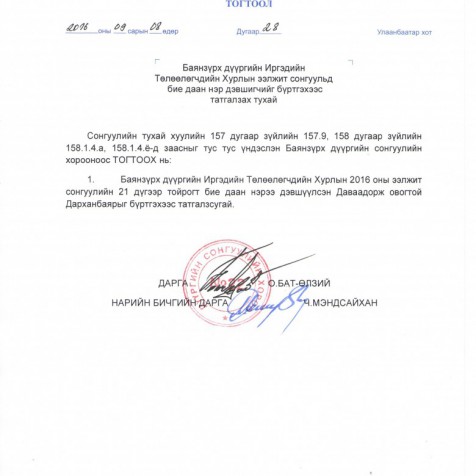 Баянзүрх дүүргийн ИТХ-ын ээлжит сонгуульд бие даан нэр дэвшигчийг бүртгэхээс татгалзах тухай.