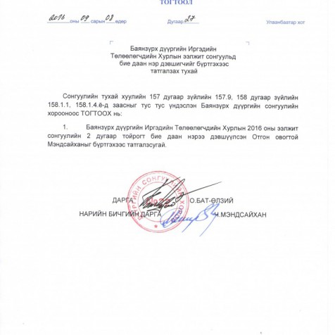 Баянзүрх дүүргийн ИТХ-ын ээлжит сонгуульд бие даан нэр дэвшигчийг бүртгэхээс татгалзах тухай.