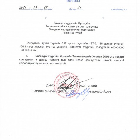 Баянзүрх дүүргийн ИТХ-ын ээлжит сонгуульд бие даан нэр дэвшигчийг бүртгэхээс татгалзах тухай.