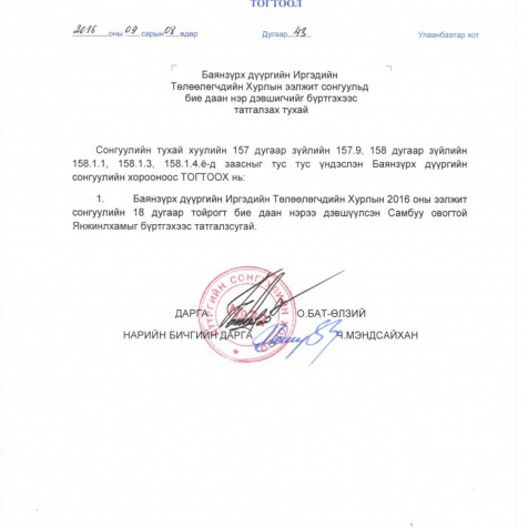 Баянзүрх дүүргийн ИТХ-ын ээлжит сонгуульд бие даан нэр дэвшигчийг бүртгэхээс татгалзах тухай.