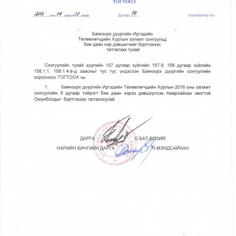 Баянзүрх дүүргийн ИТХ-ын ээлжит сонгуульд бие даан нэр дэвшигчийг бүртгэхээс татгалзах тухай.